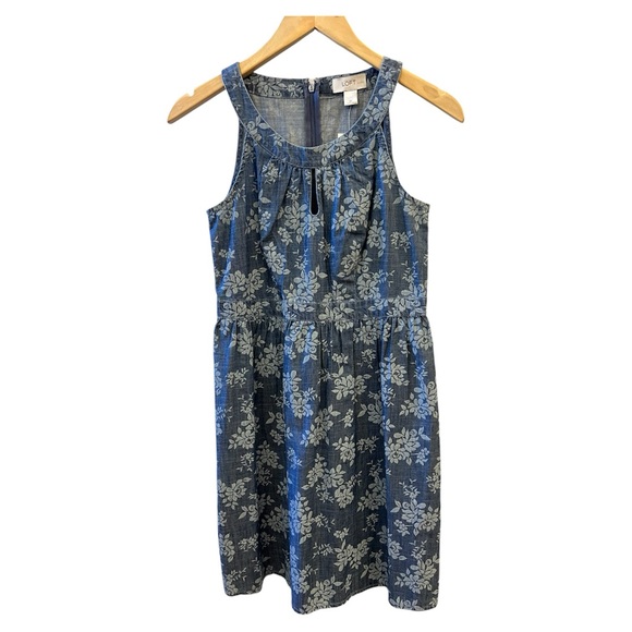LOFT Dresses & Skirts - LOFT dress cotton blue floral print keyhole neck summer back zip sleeveless 0P